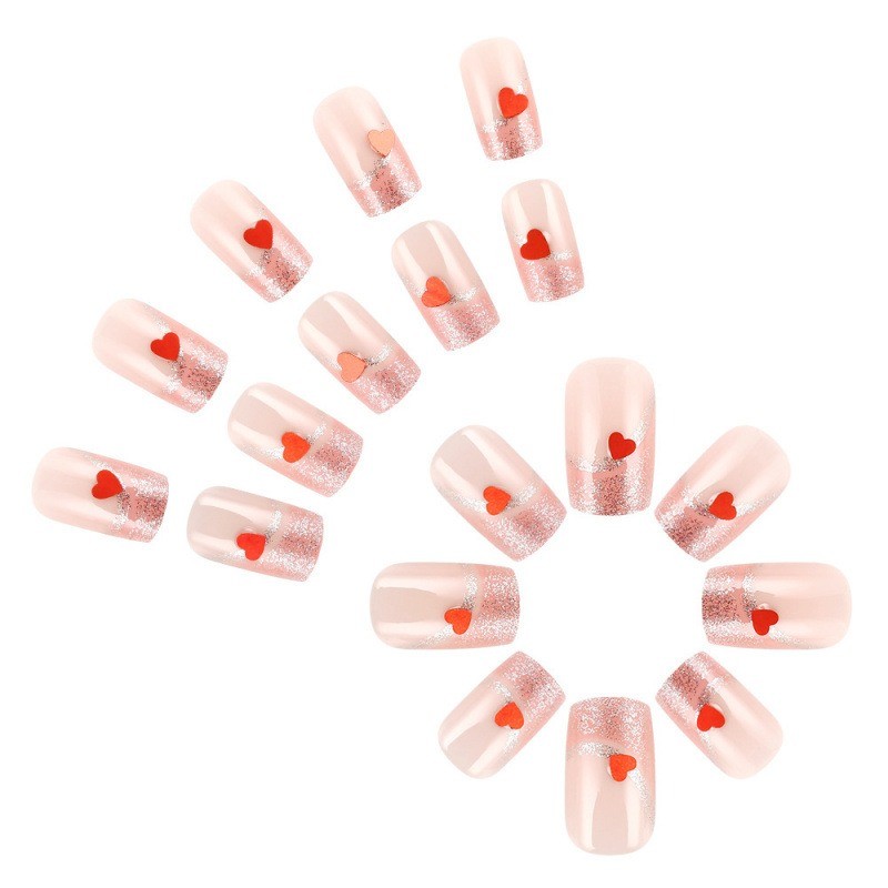 24pcs Short Pink Heart Glitter Nails. Shiny, Reusable for Parties & Any Occasion