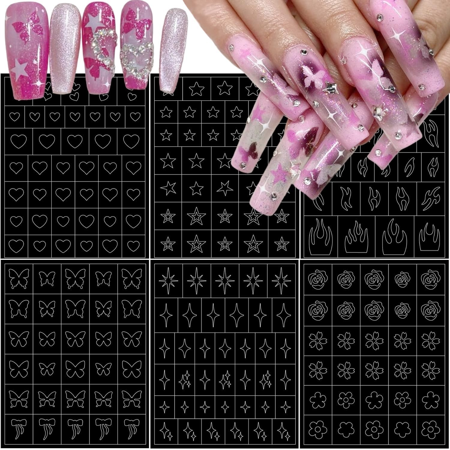 6 Pcs Airbrush Nail Stencil Set with Flower & Pattern Designs