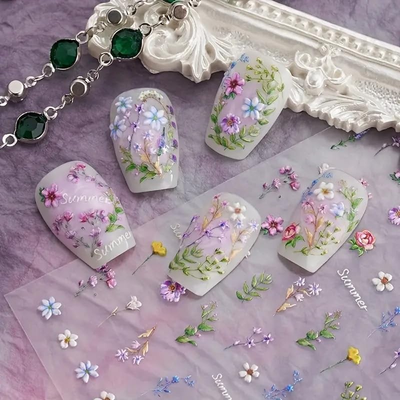 5D Flower Nail Art Stickers Colorful Painting Spring Floral Nail Decals 3D