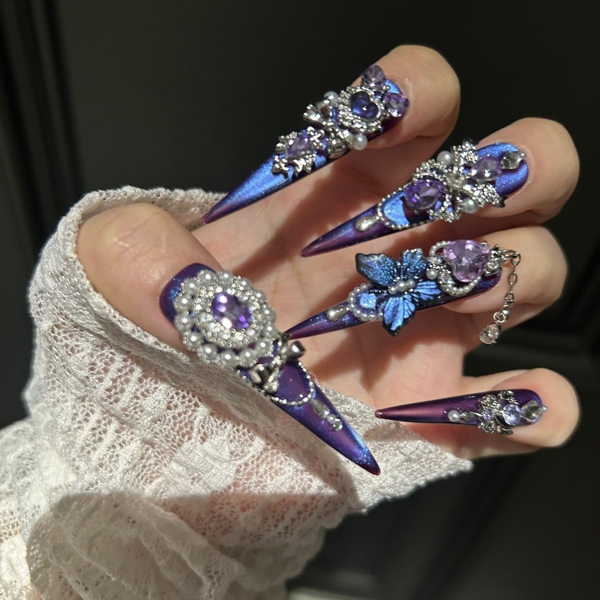 Purple Green Gradient Cat Eye Press On Nails Handmade