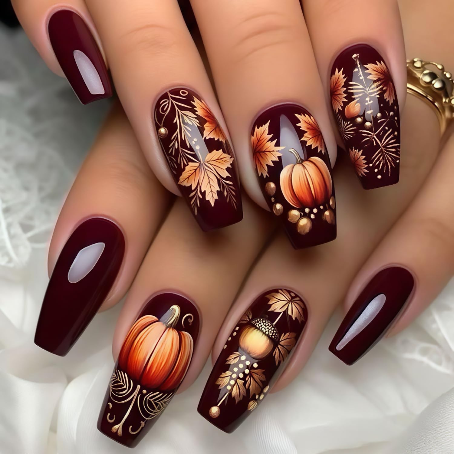 Fall Dark Red Press on Nails Medium Coffin Fake with Pumpkin Multicolor