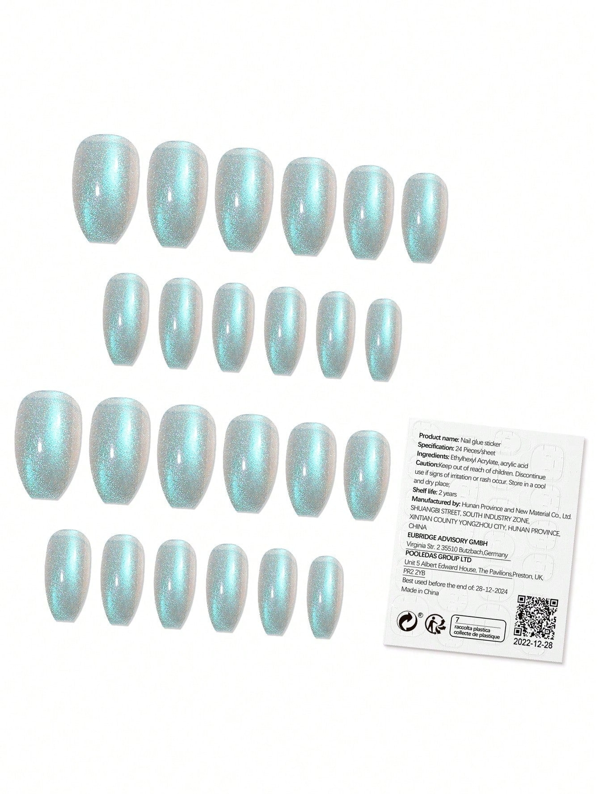 24pcs Short Coffin Blue-Green Glitter Cat Eye French Style Fake Nail Press On