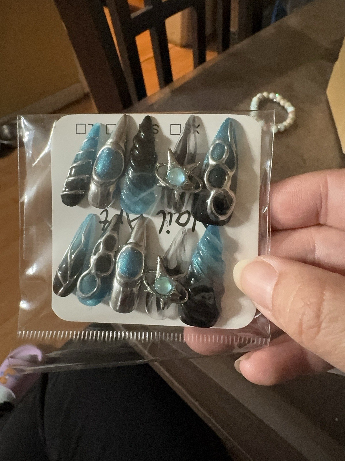 Artistic Stiletto False Nails | 3D Metal Details & Blue Sparkle | Unique Design