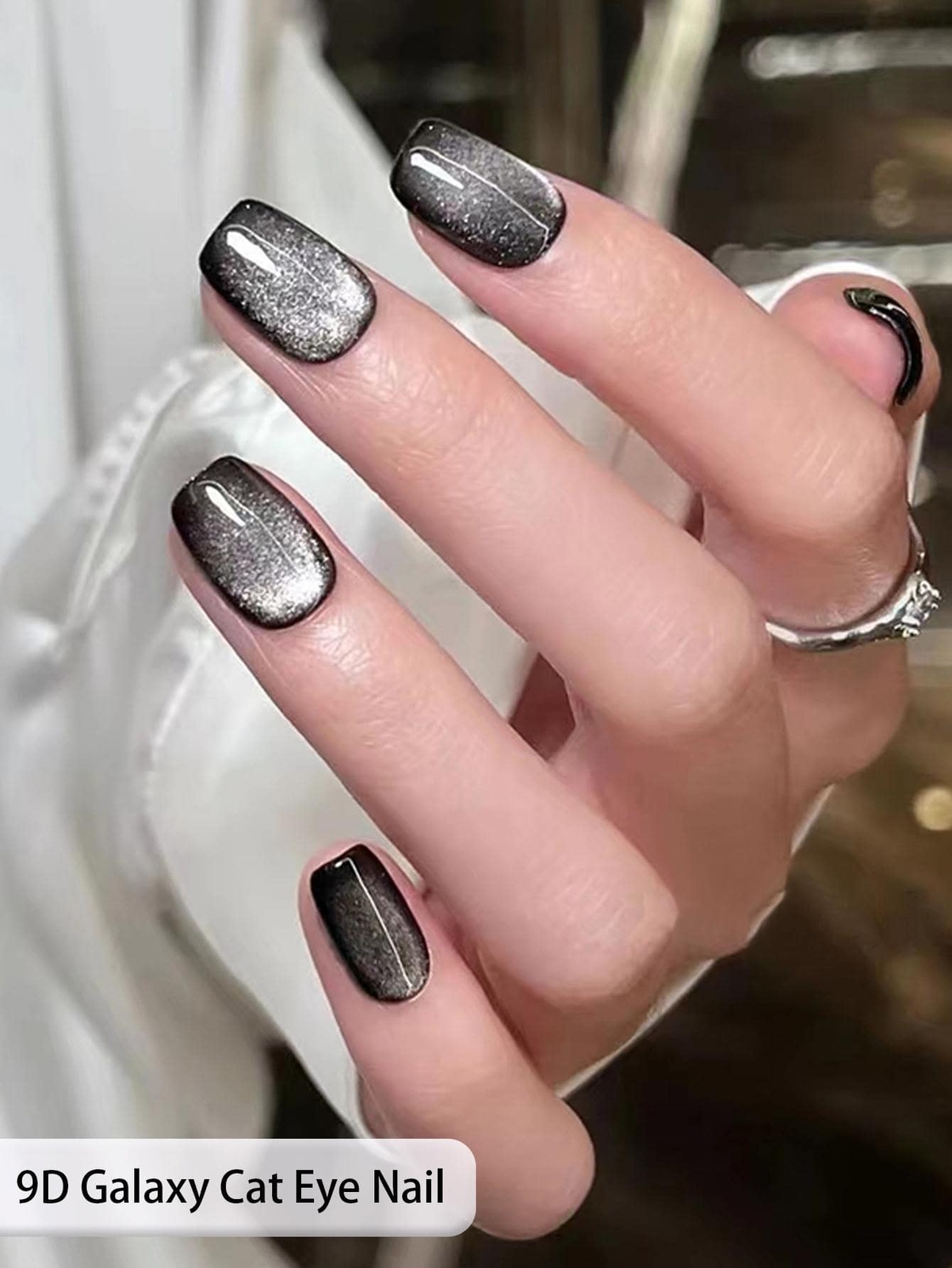 24pcs Short Square Glitter Black Glitter Cat Eye Fake Nail False Nails Press On
