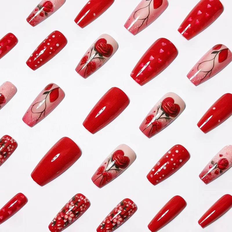 48PCS rectangular red gradient rose heart-shaped bow nail press, reusable fake