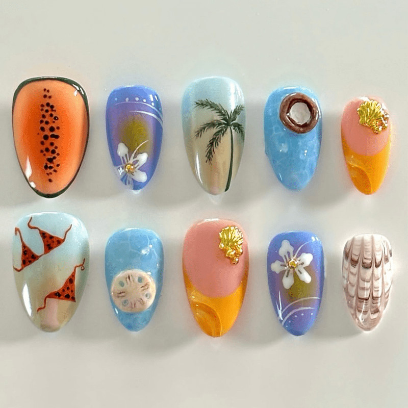 48pcs-Press on Nails Tropical Beach Palm Tree Hibiscus Bikini Shell Design Set