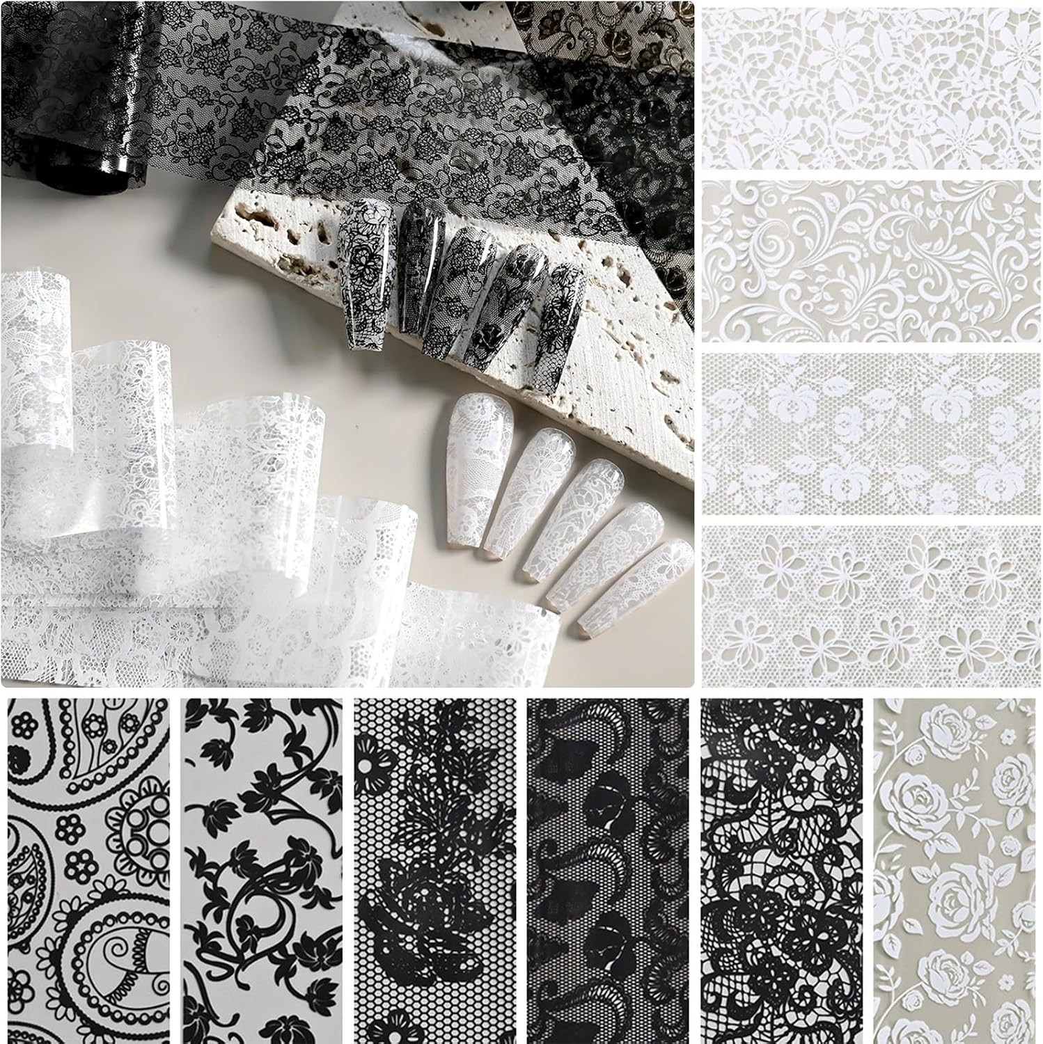 Lace Transfer Nail Foil White and Black Nail Transfer Foil Sticker, Flower Na…