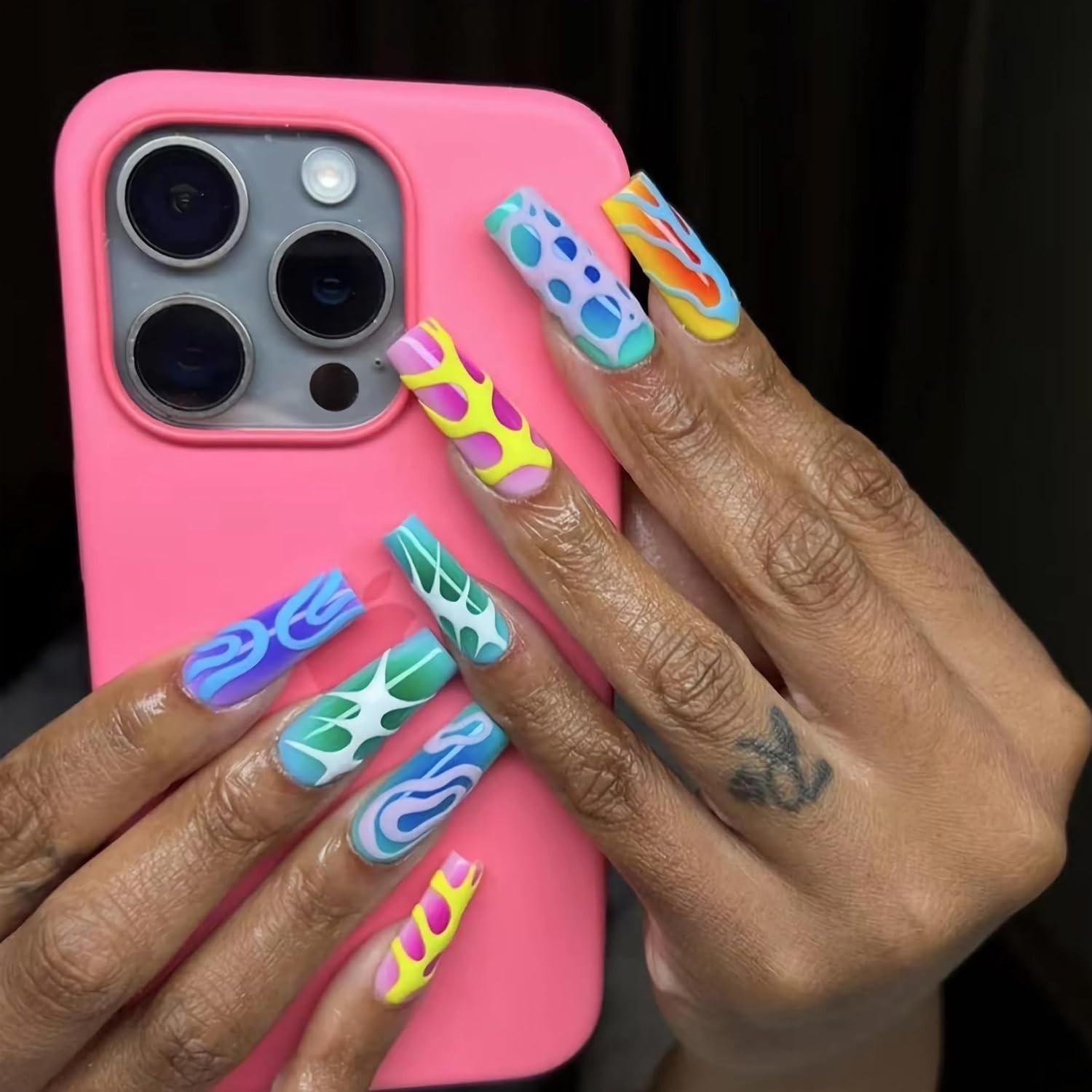 Press on Nails Long Square Fake Nails Blue Purple Ombre Glue on Nails Y2k Col…