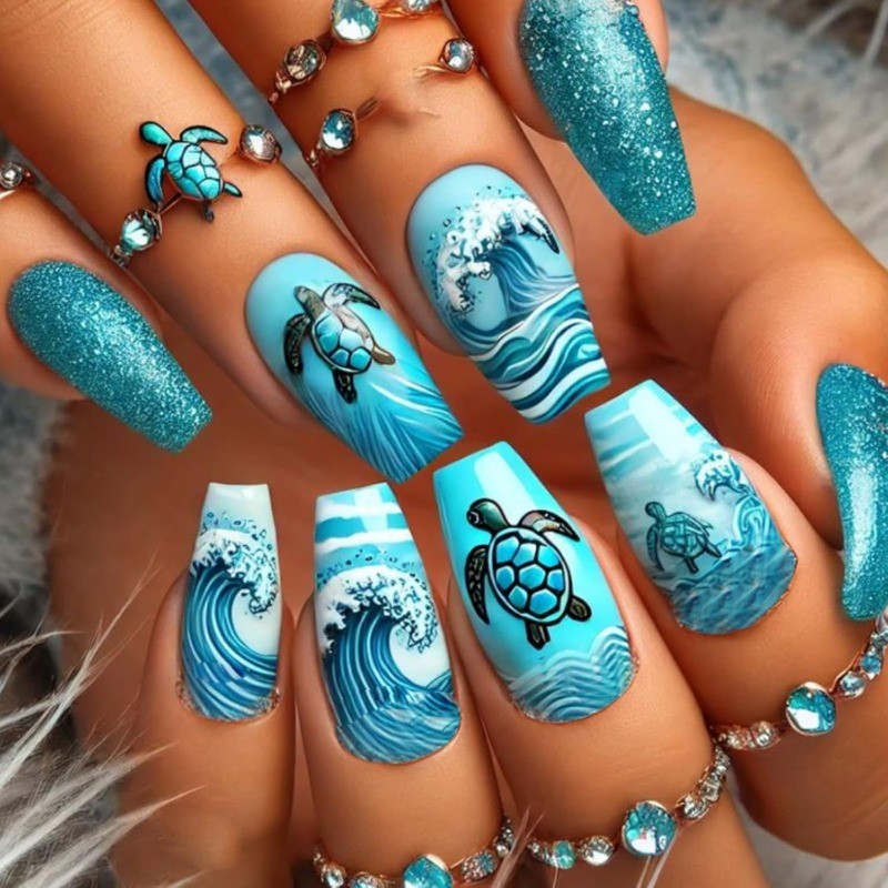 Ocean Turtle Press on Nails, Blue Glitter Coffin Fake Nails for Summer Vacation