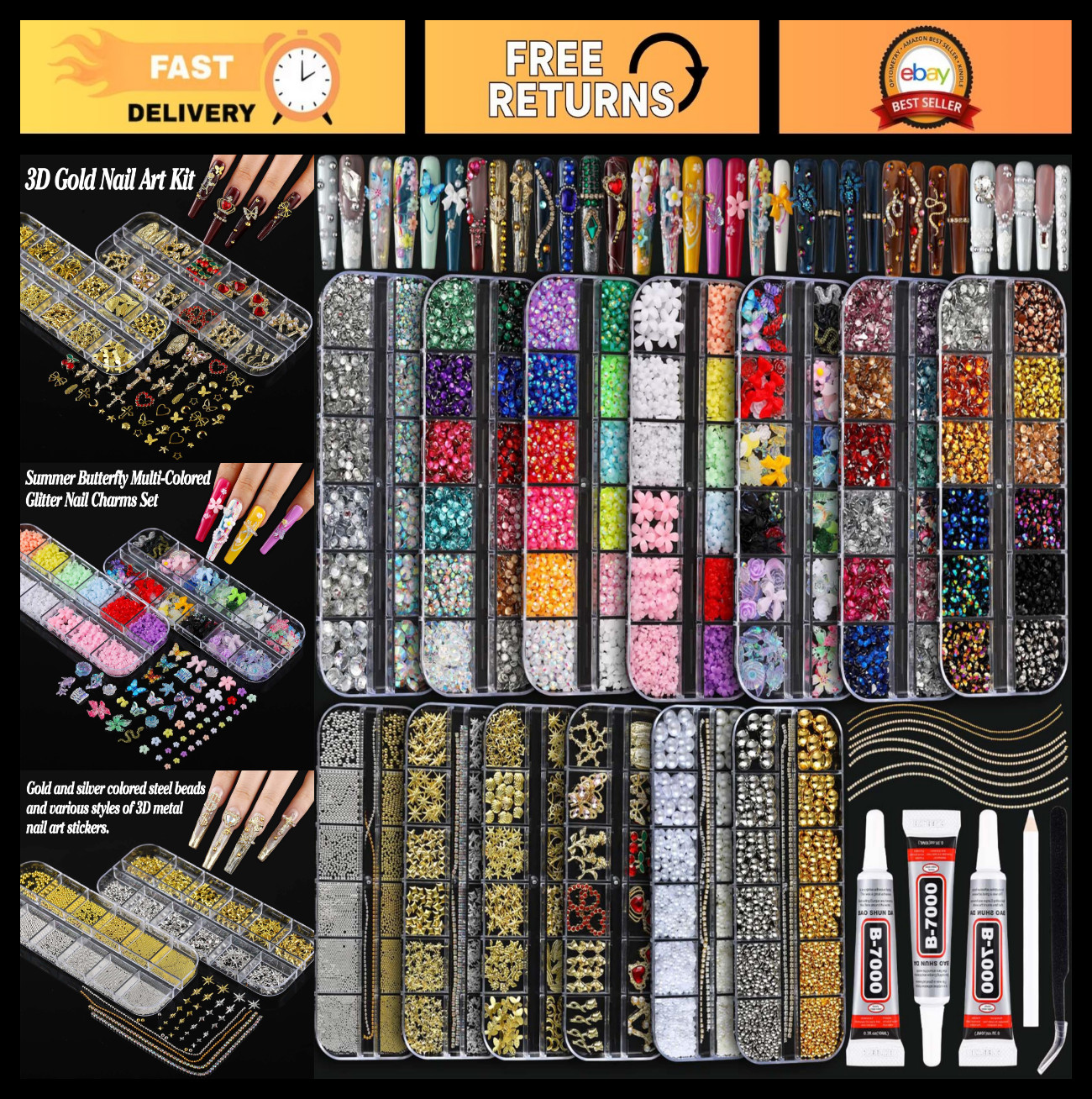 DIY Nail Art Bedazzling Kit – 18000 Pcs Rhinestones & Nail Charms, 13 Boxes Gems