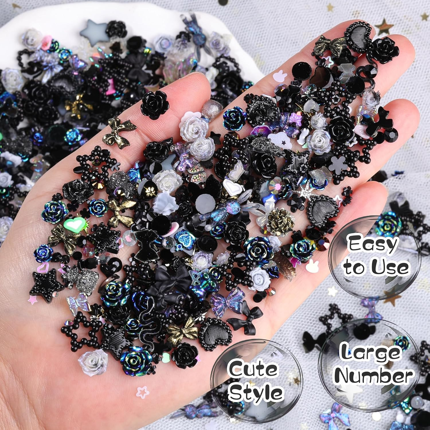 1500Pcs 3D Black Nail Charms for Acrylic Nails, Resin Butterfly Flower Star Hear