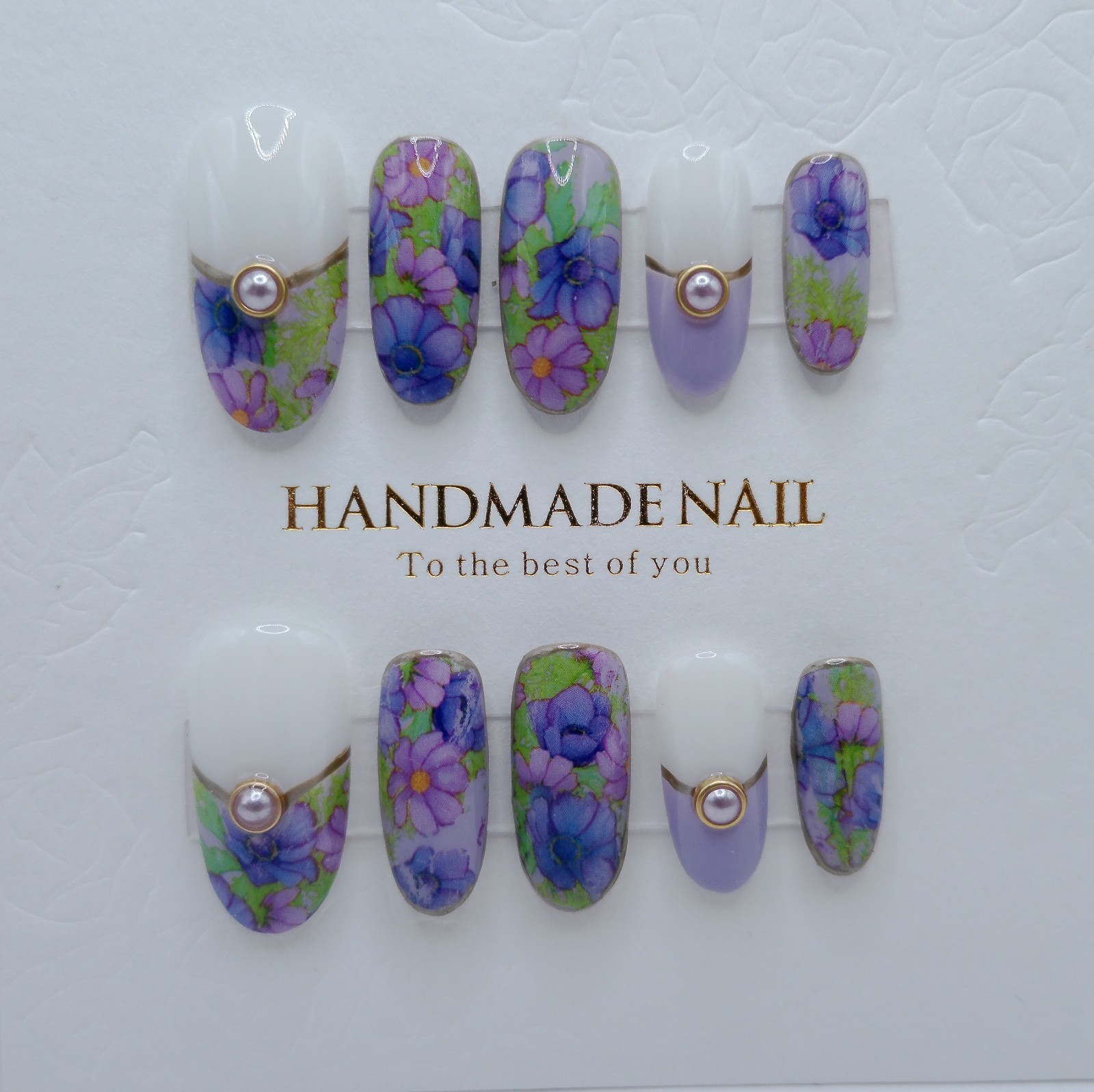 Medium-Long Round Floral Press-On Nails, Medium Sizes Purple/Pink