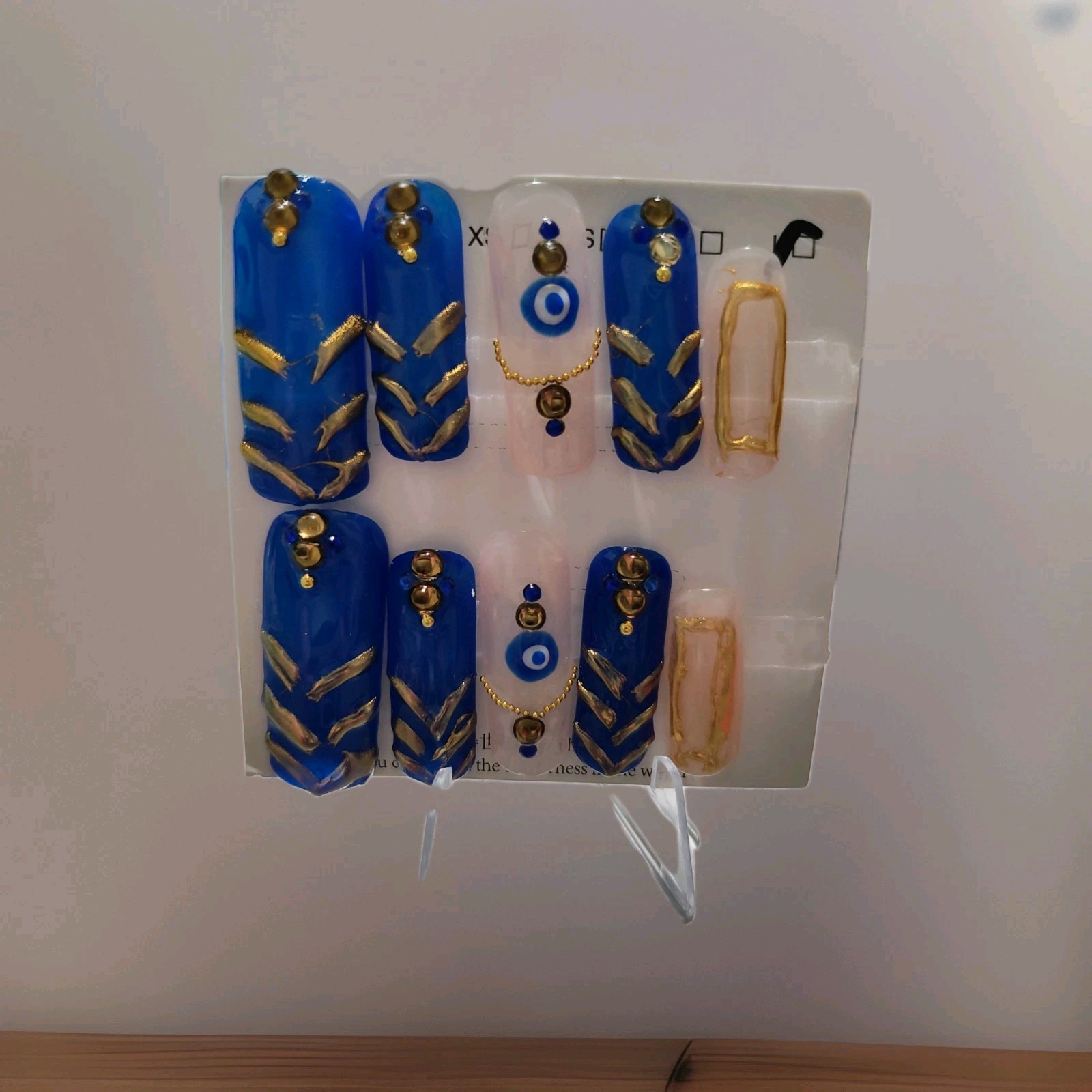 Long Square Blue Gold Nude 3D Evil Eye Press-On Nails Full Cover Pre-Designed