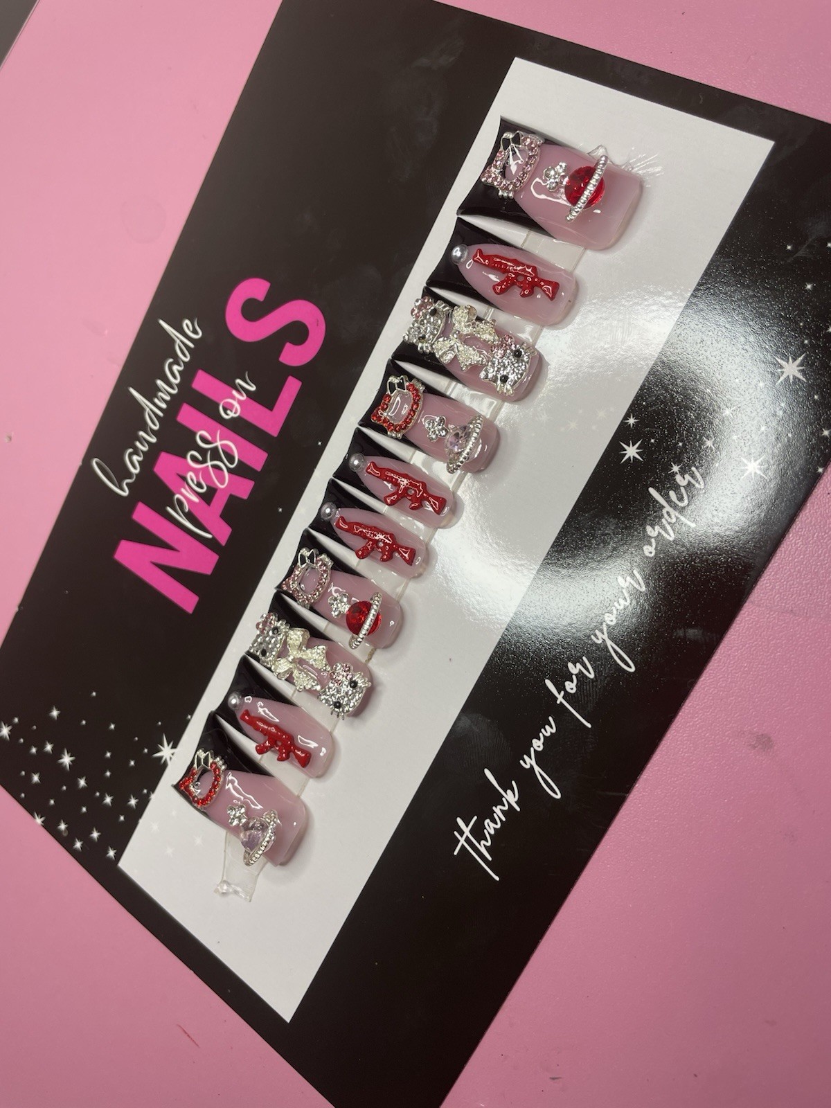 Pink Red Black Silver 3D Heart Rhinestone Press-On Nails Long Square Full Cover