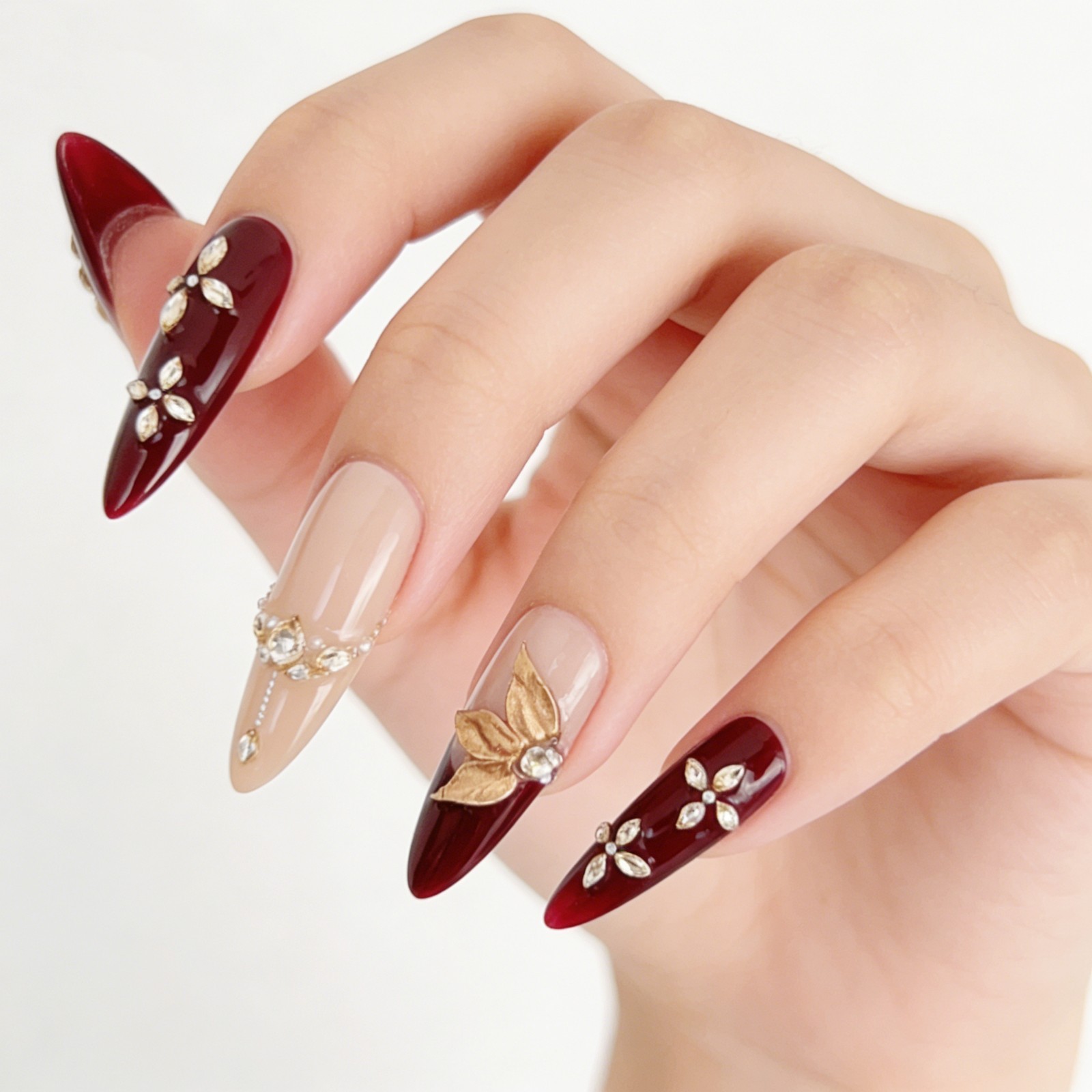 Vintage Gold Maple Leaf Red Press-On Nails with Pearls & Rhinestones Long Almond