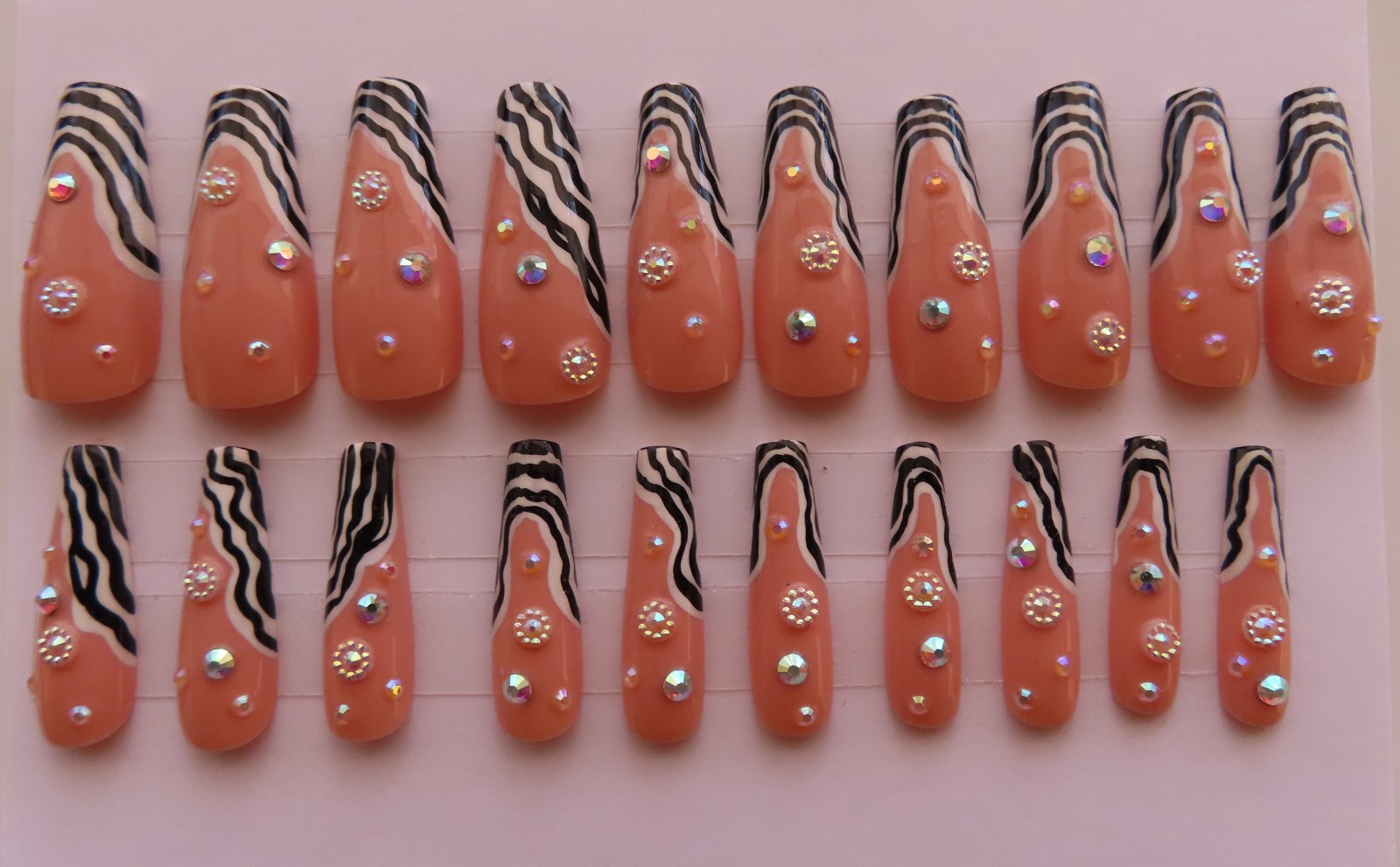 (2) Sets Black White Stripe Tip Pearl | Black Red Metallic Coffin Press-On Nails