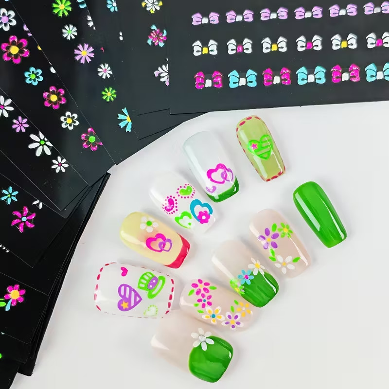 4 different sheets Nail Art Stickers, 3D Self-Adhesive Nail，Multicolor