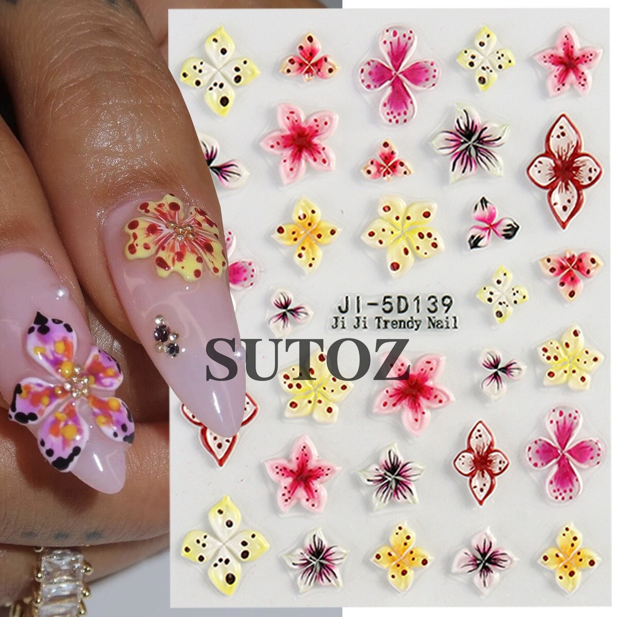 3D Hawaiian Flower Embossed Lily Hibiscus Floral Nail Art Stickers Decor NH29