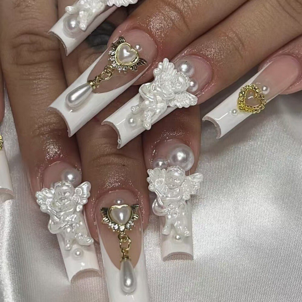 Y2K Angel Vibes Press-On Nails – Long Coffin w/ Pearls & 3D Art | TikTok Trendy