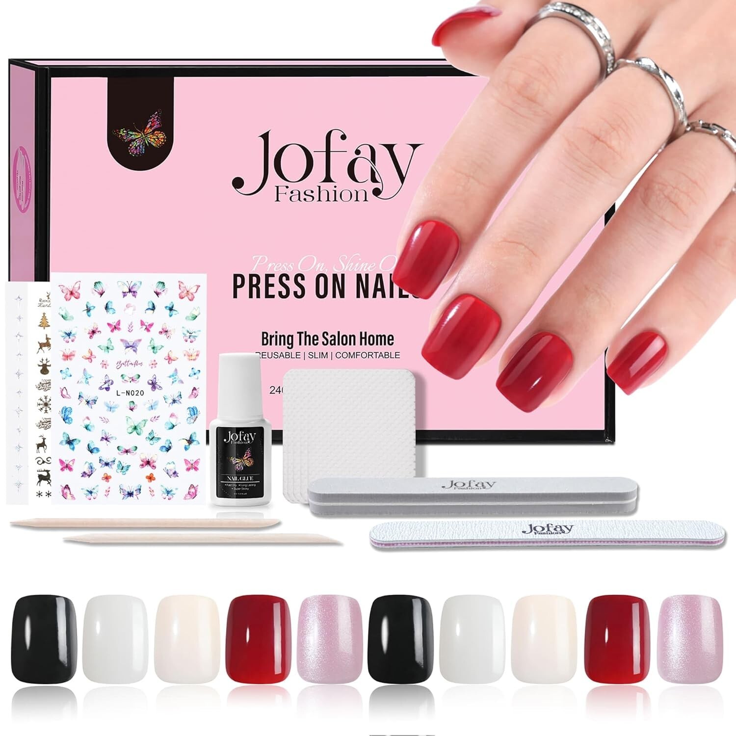 Jofay 240 pcs Short Square Press on Nails Set Kit New in Box W/ Accessories