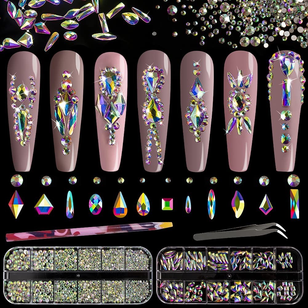 Multi Shapes 3D Glass AB Crystal Nail Art Rhinestones Kit with Flatback Round…