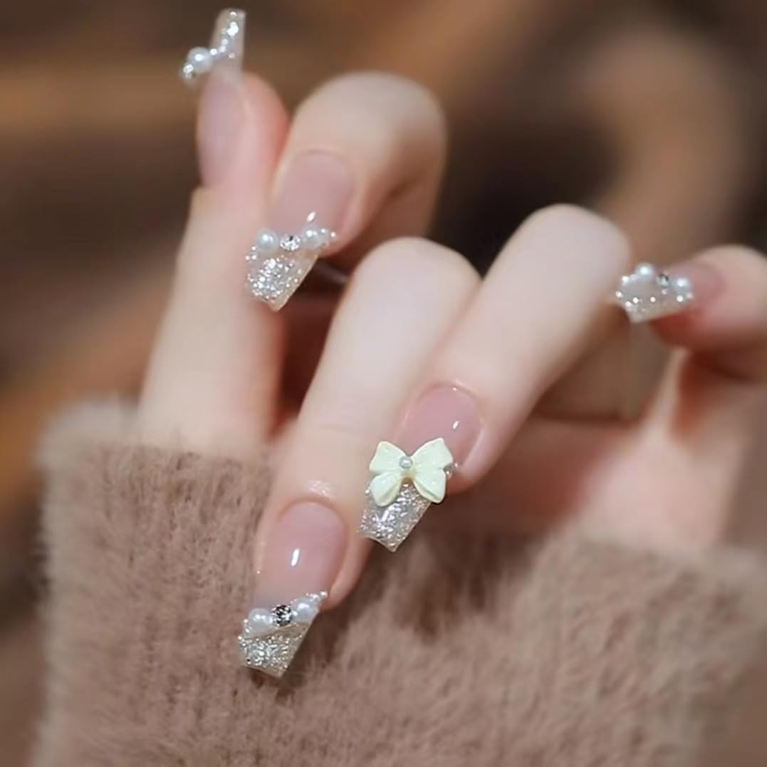 Secret Lives Glossy Artificial Translucent Pink Color with 3D Bow Pearls 24 Nail