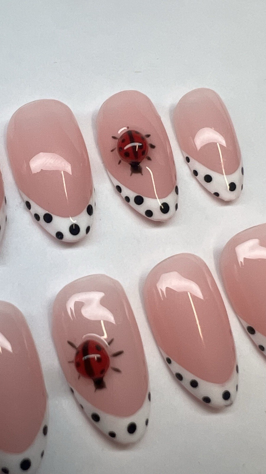 Divanailz Pink Black 3D Almond Medium Press-On Nails Ladybug Polka Dot, Glue, A…