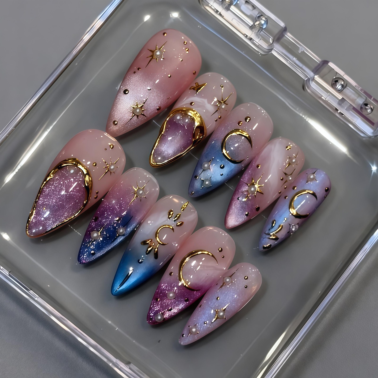 Custom Pure Handmade Nails Pink Blue Moon Star Pearl Dreamy Starry Manicure