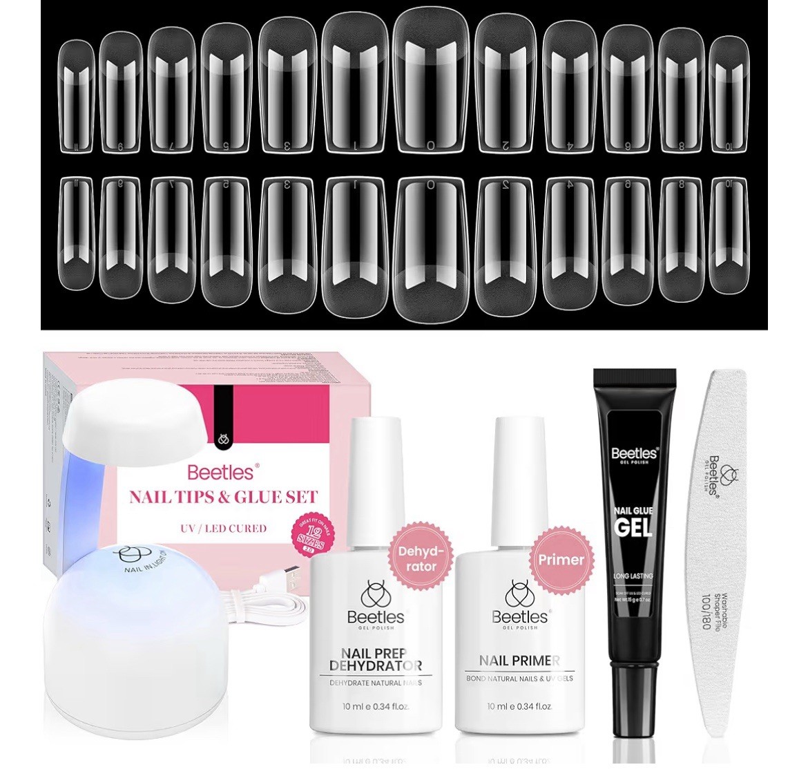 Beetles Gel Nail Kit Medium Square with Nail Dehydrator and Primer, 576Pcs