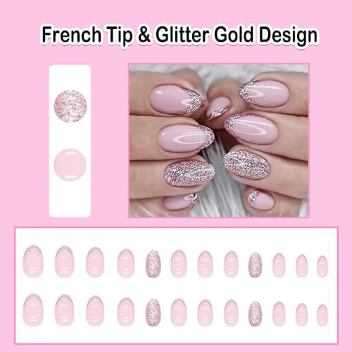 French Tip Press on Nails Short Oval Pink Fake Nails with Glitter Gold Design
