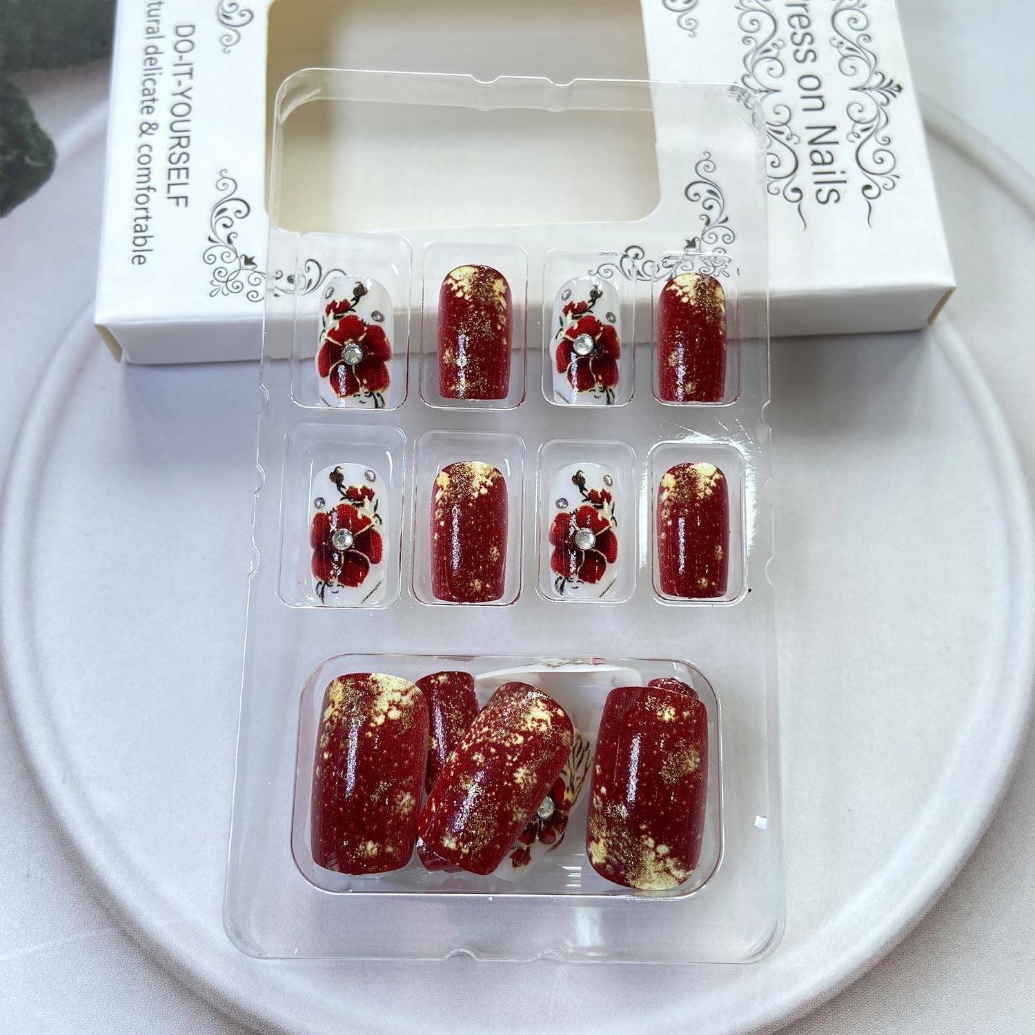 Red Flowers Press on Nails Medium Square Fake Nail with Rhinestones Gold Foil…