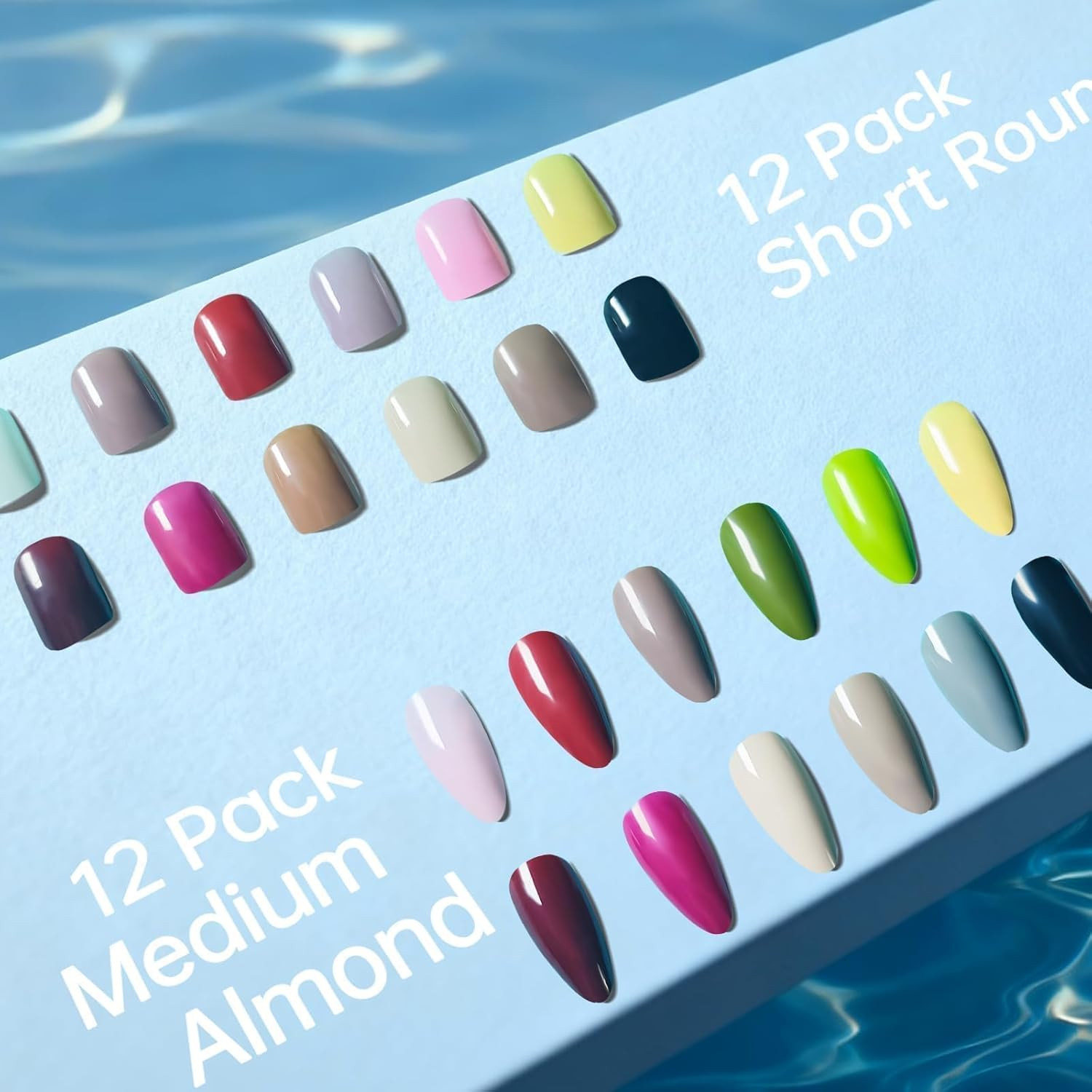Press on Nails 576Pcs with 12Pack Glossy Medium Almond & Short round (Natural)