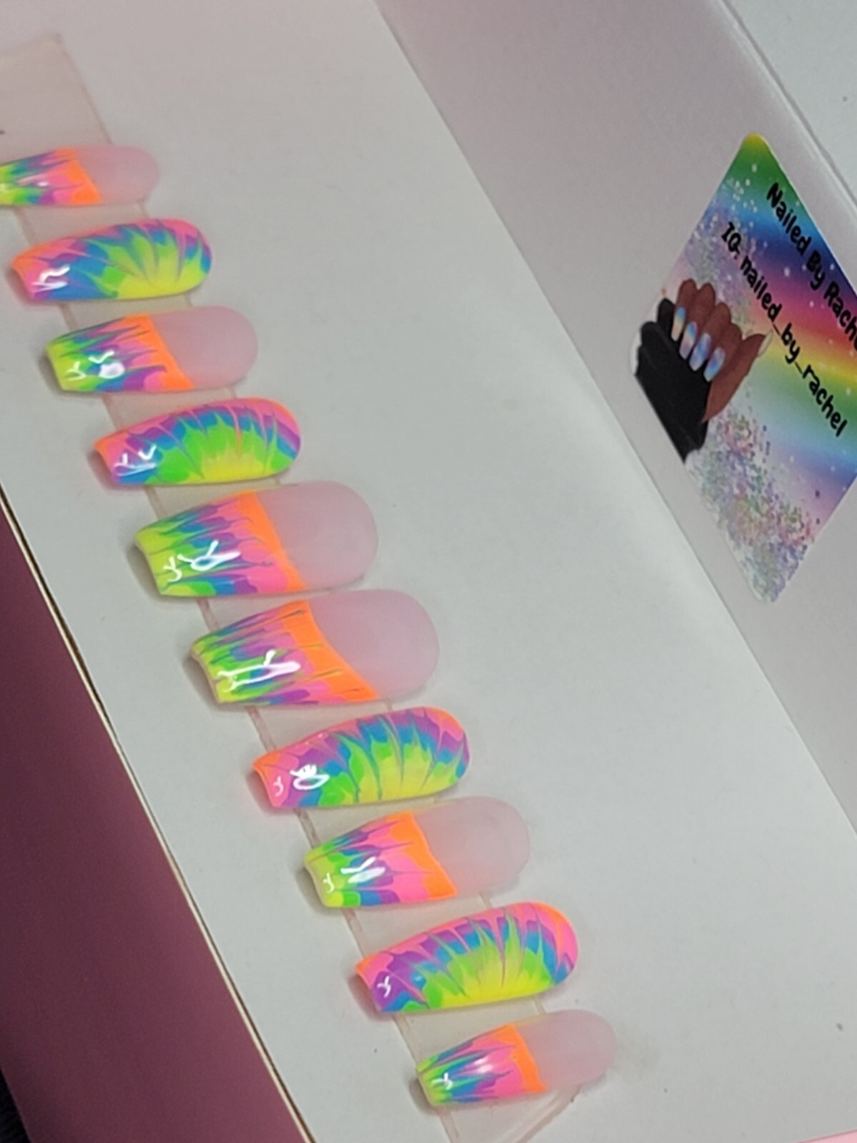 Rainbow neon tie-dye press on nails short coffin French tip pride nails