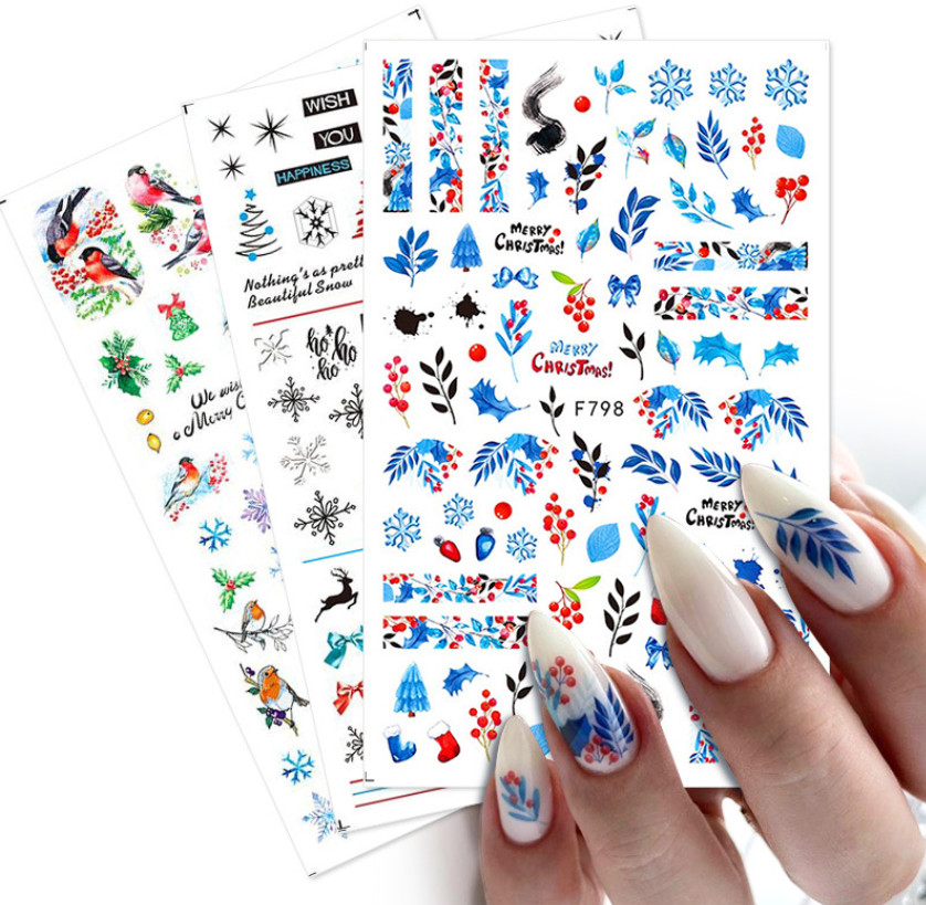 3D Nail Art Stickers Decals Christmas Snowflake Gingerbread Man Robin Holly Fern