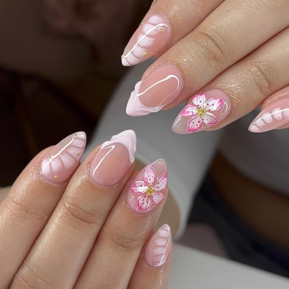 Almond Press on Nails Medium Fake Nails with 3D Ripple Bubble Pink Flower Pearls