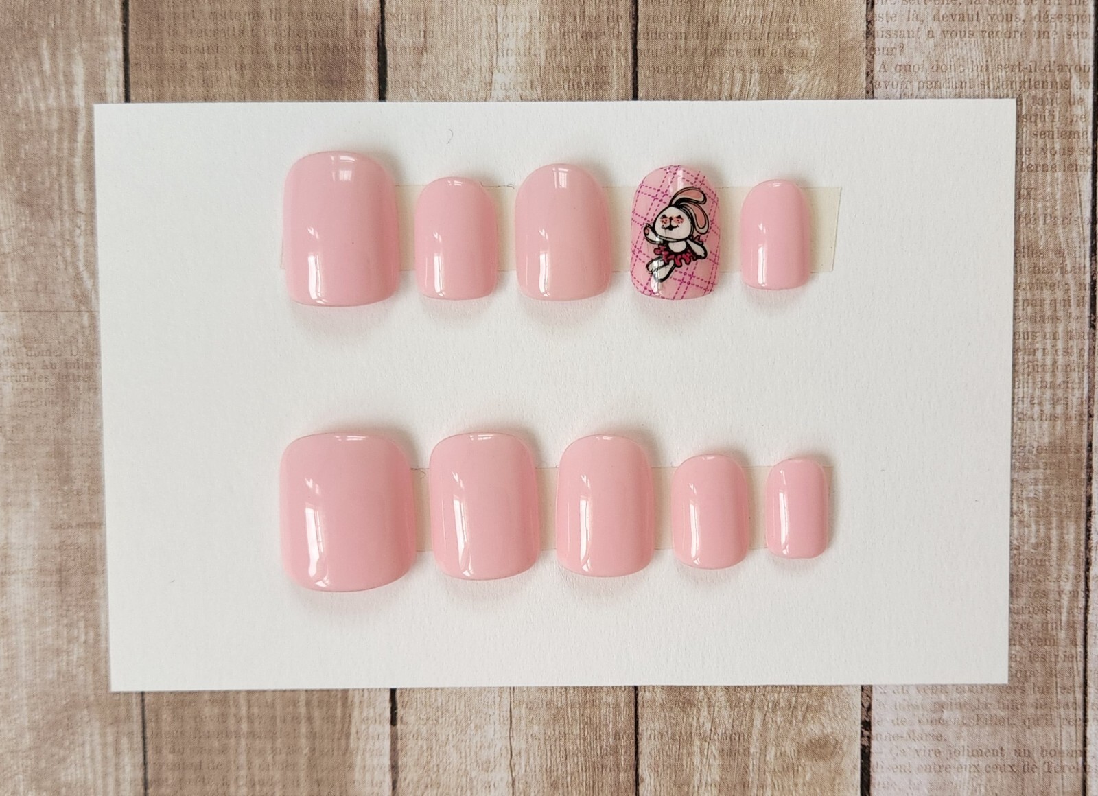 Custom Press On Handmade Gel Nails Pink Ballerina Bunny Square Short 20 Tips