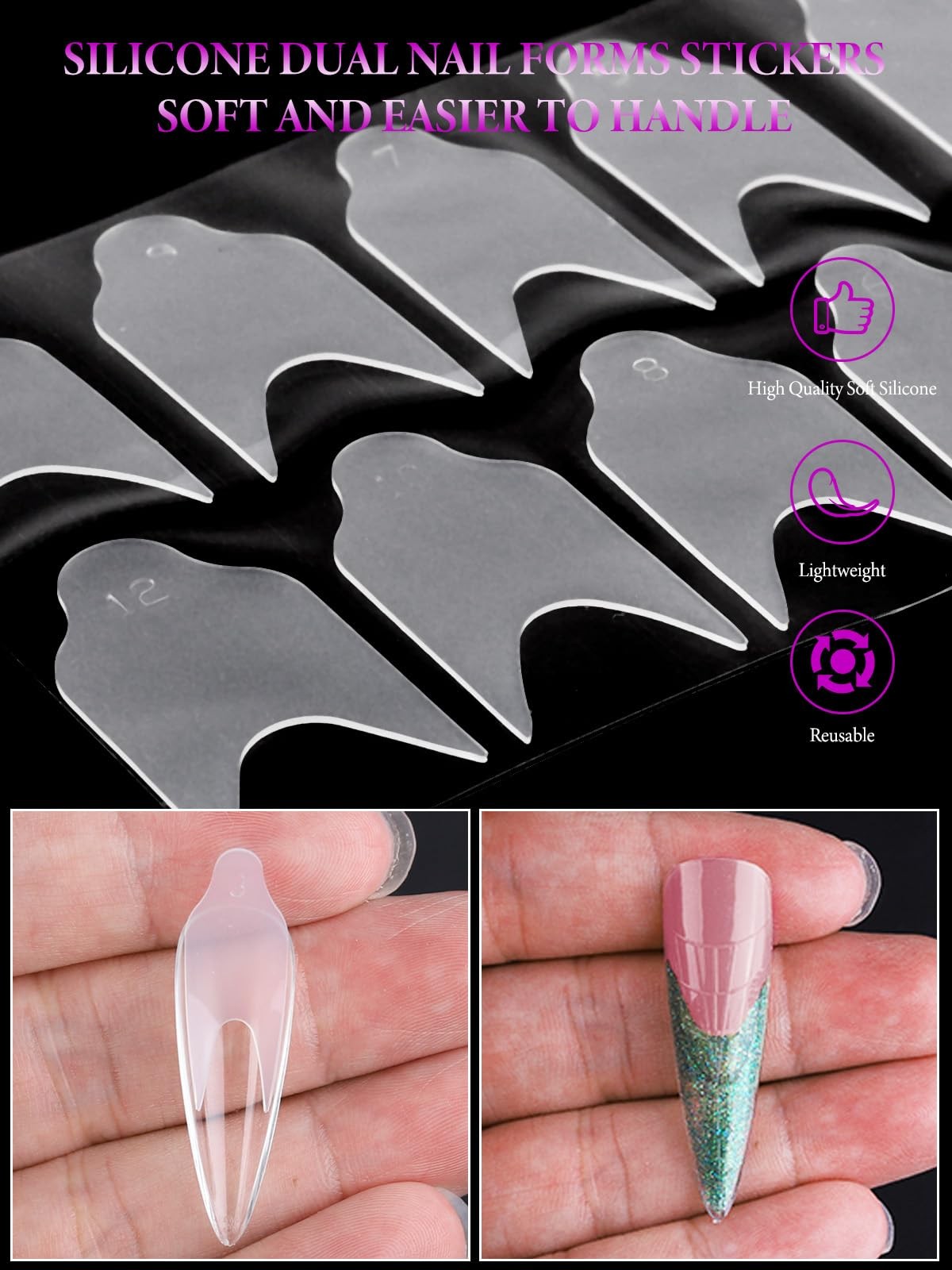 EBANKU French Nail Forms, 144 PCS Silicone Tip Stickers for Dual Clear