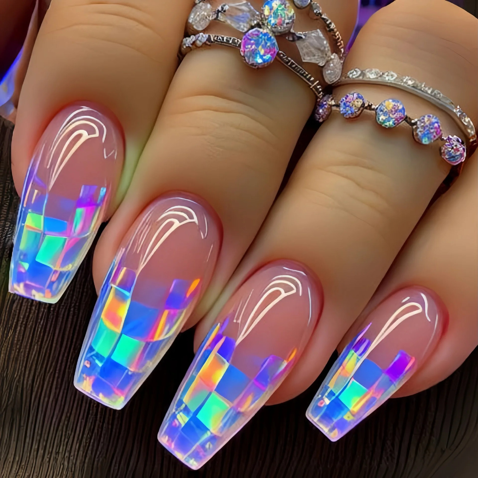 Strip Grid Print French Ballet Shape Medium Long Full Cover Press On Fake Nails