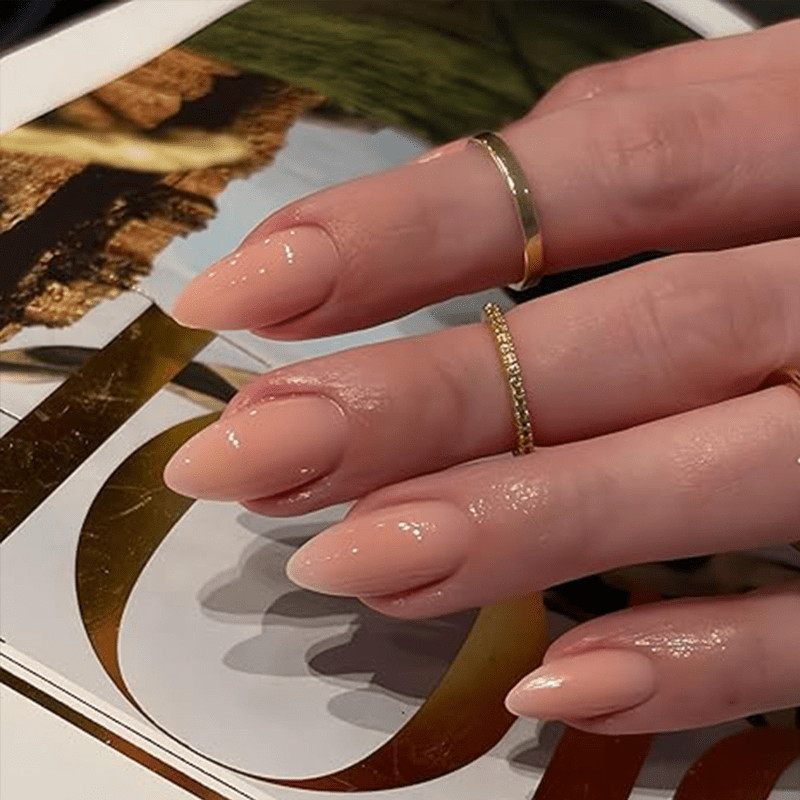 60pcs Short Almond Press on Nails, Light Nude Glossy Natural Casual Nail Art