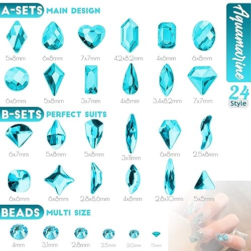 Aquamarine Nail Rhinestones Glitters 24 Shapes K9 Glass 4 Boxes Aquamarine Blue