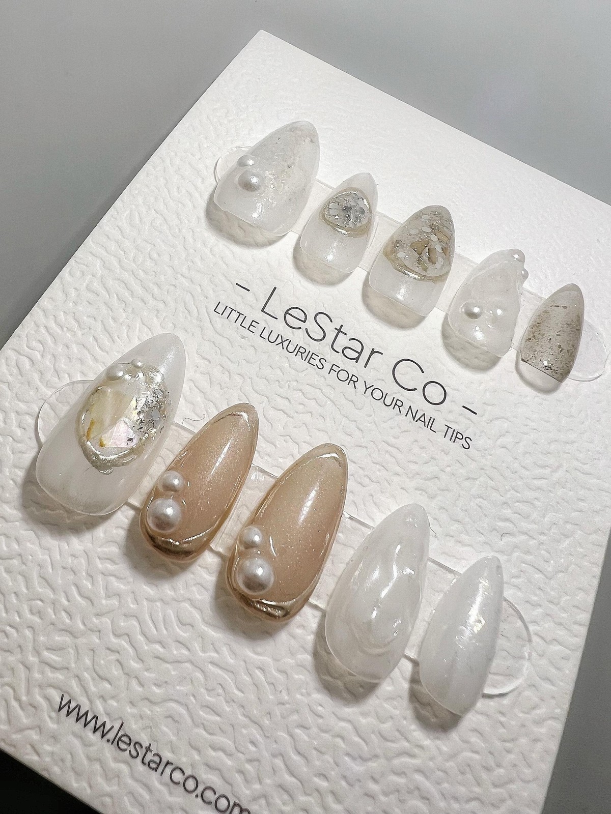 Handmade Milky White Silver Foil Glitter Pearl Medium Almond Press on Nails