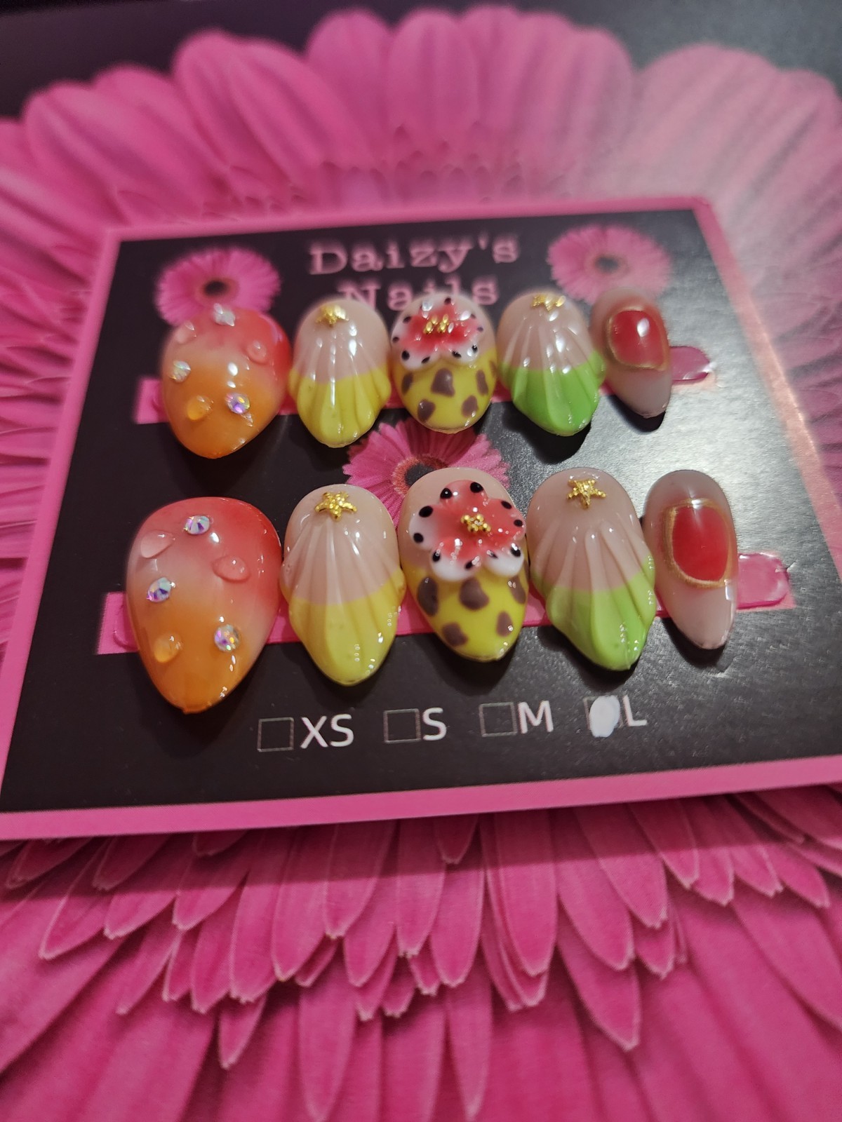Large Size Green Tropical Neon Press-on Nail Set Handmade Almond 2.0 Cm Length