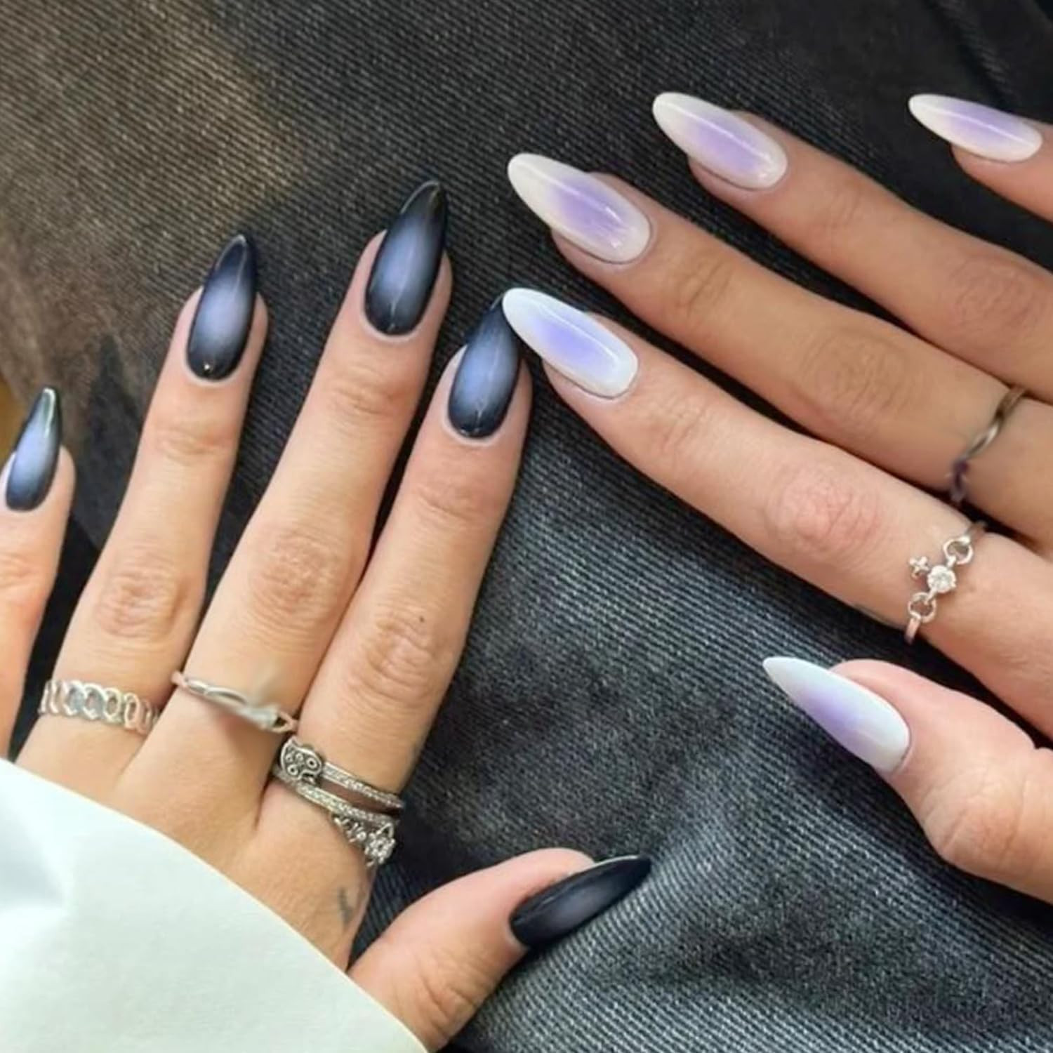 Press on Nails Medium Almond, Gothic Black Ombre French Tip Gel Glue on Nail, Gl