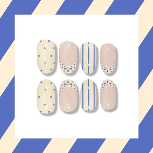French Tip Press on Nails Short Almond Fake Nails with Blue Polka Dots Blue-21