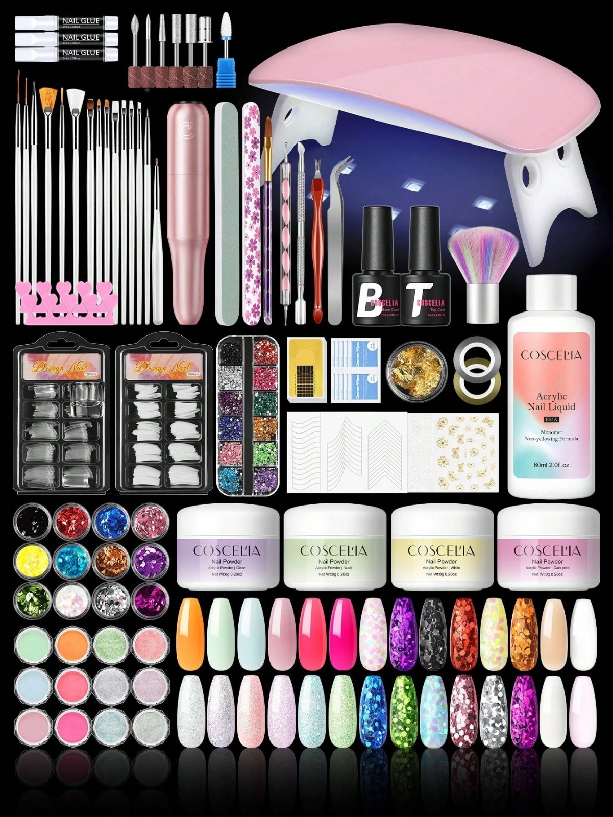 Acrylic Nail Kit with Drill UV Light 16 Colors Powder Beginner Set