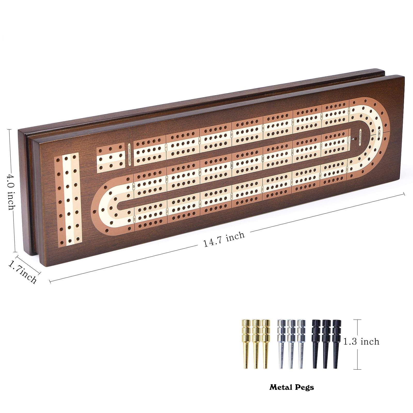AMEROUS Wooden Cribbage Board 4 x 14.7 x 0.1 inches, Chrome, Brass, Black