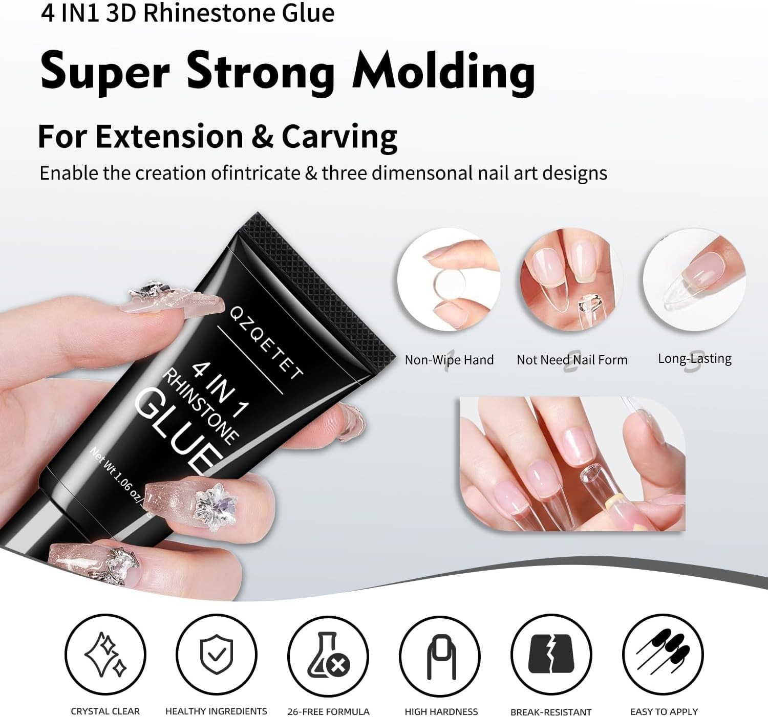 4-in-1 Rhinestone Glue for Nails 30g Super Strong Adhesive Gel & Glitter