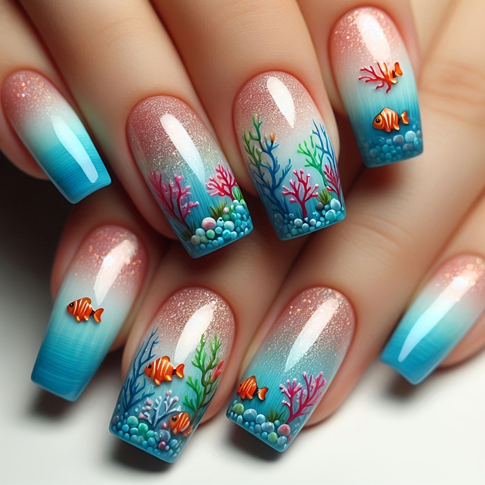 24pcs Ocean Press-On Nails: Coral, Jellyfish Mermaid Designs.Reusable Salon Art.