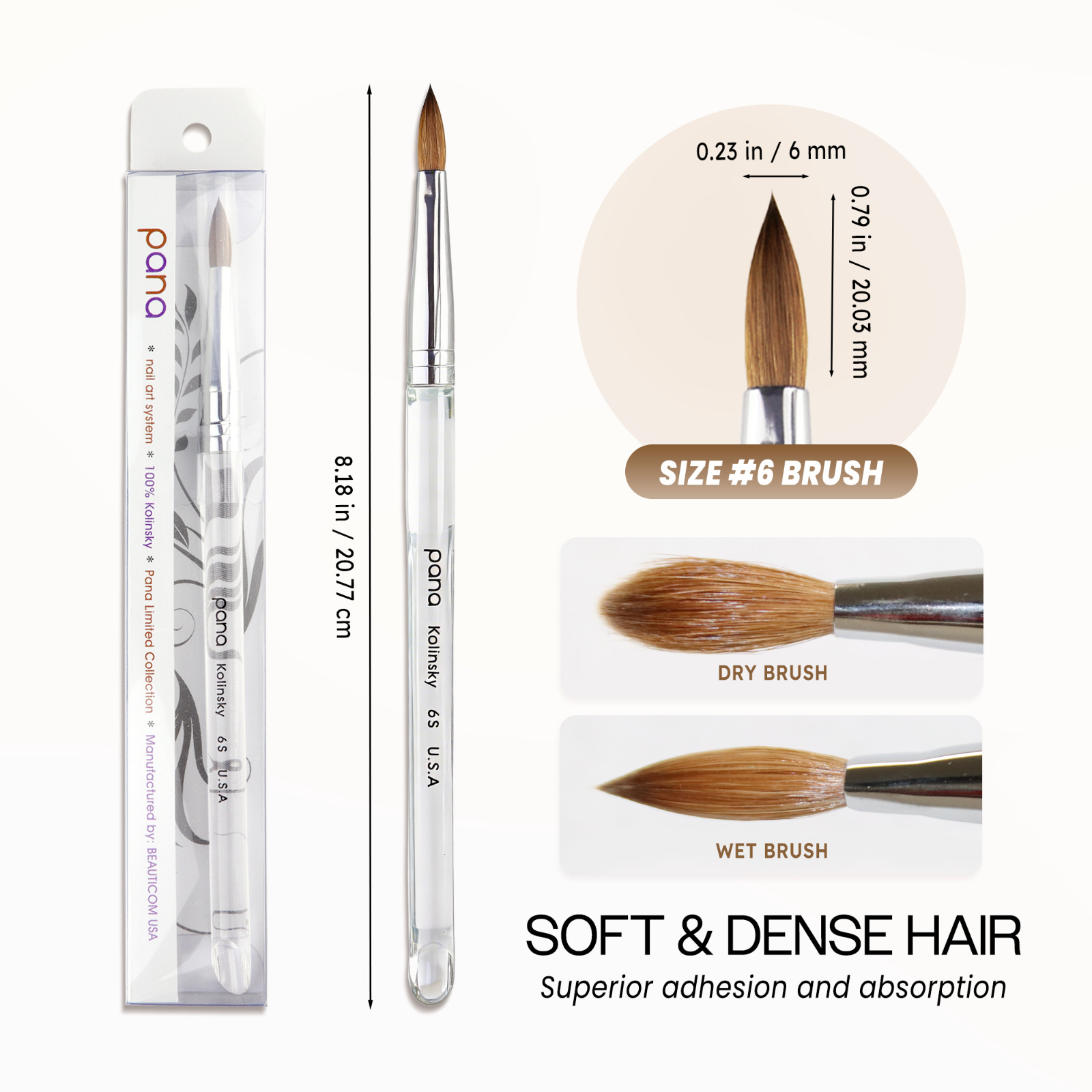 Pana Finest 100% Pure Kolinsky Nail Art Brush with Oval Acrylic Handle Size 6