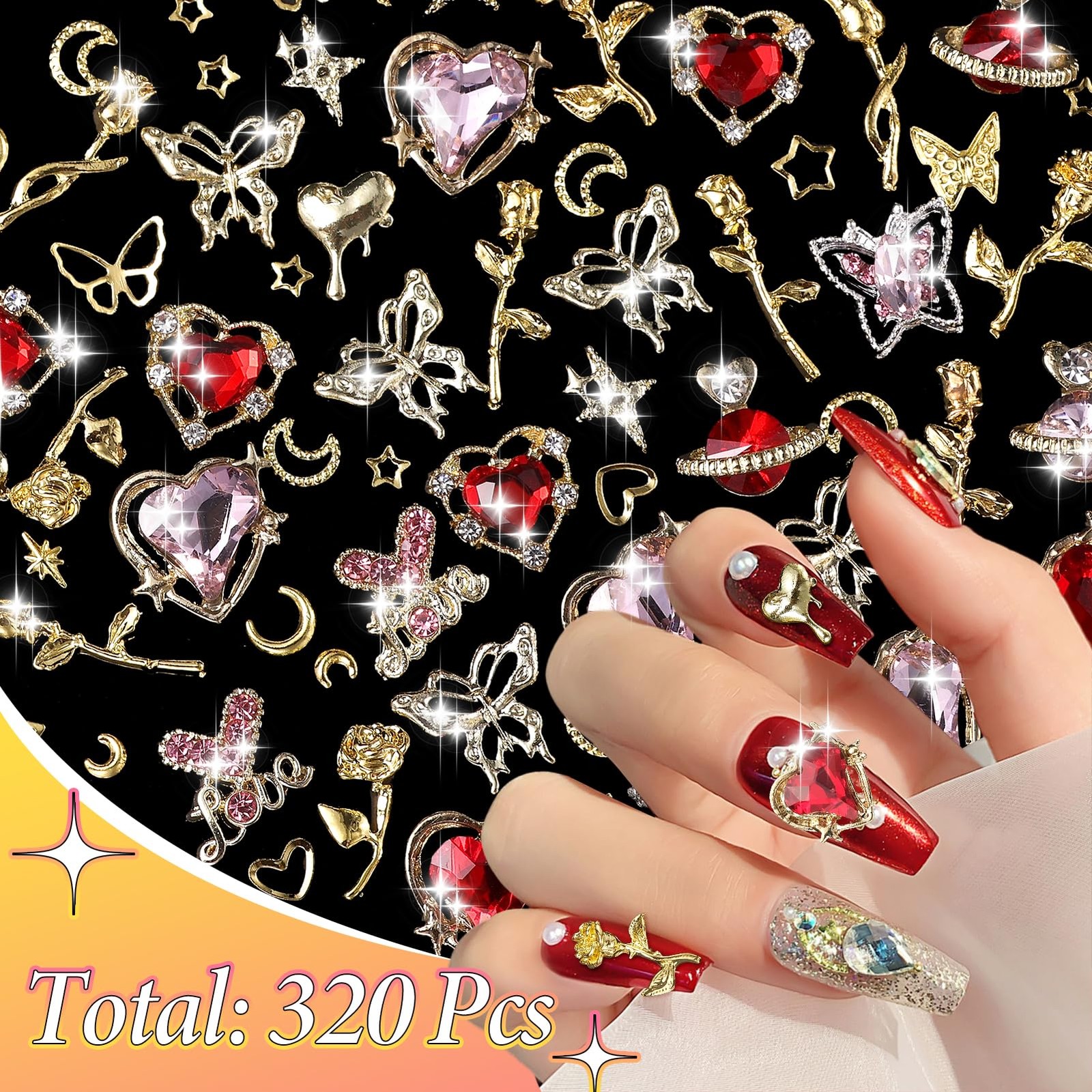 Cynailli 320pc S2 Nail Charms Gems Butterfly Heart Alloy